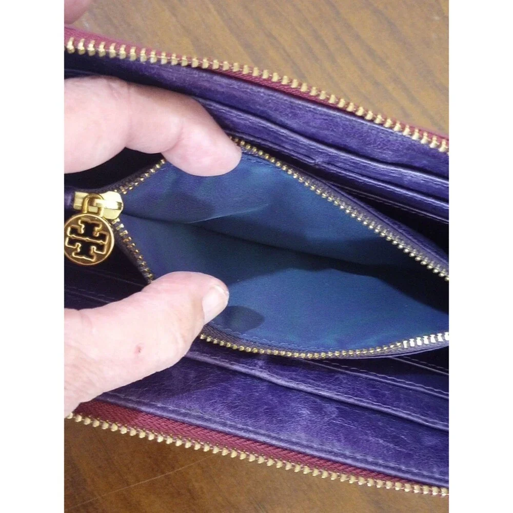 Tory Burch Maroon Leather Continental Zip Wallet